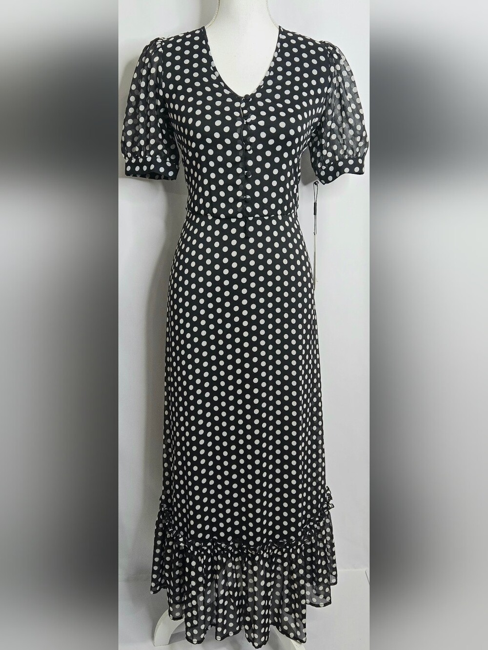Calvin Klein 1940s Inspired Polka Dot Puff Sleeve Ruffle Maxi Dress NWT Size 2